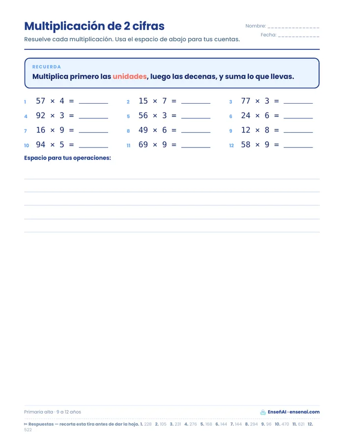 Hoja de multiplicación de 2 y 3 cifras de EnseñAI