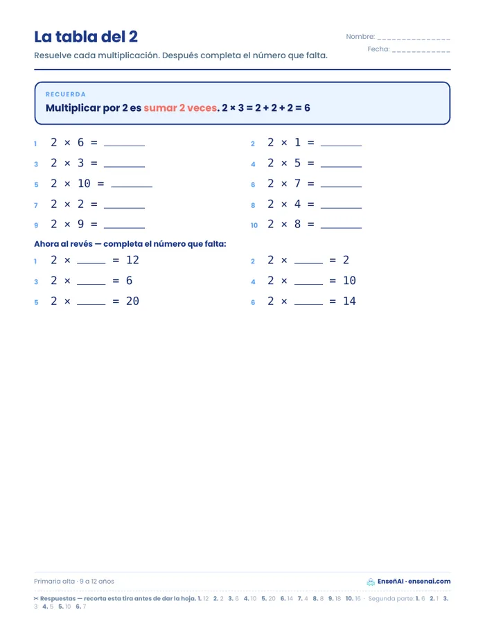Hoja de tablas de multiplicar de EnseñAI